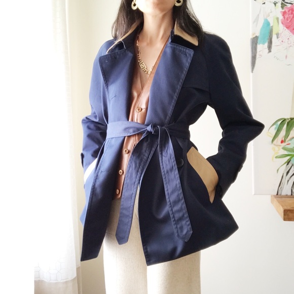 Coach Jackets & Blazers - Coach navy short tie trench w/leather trim